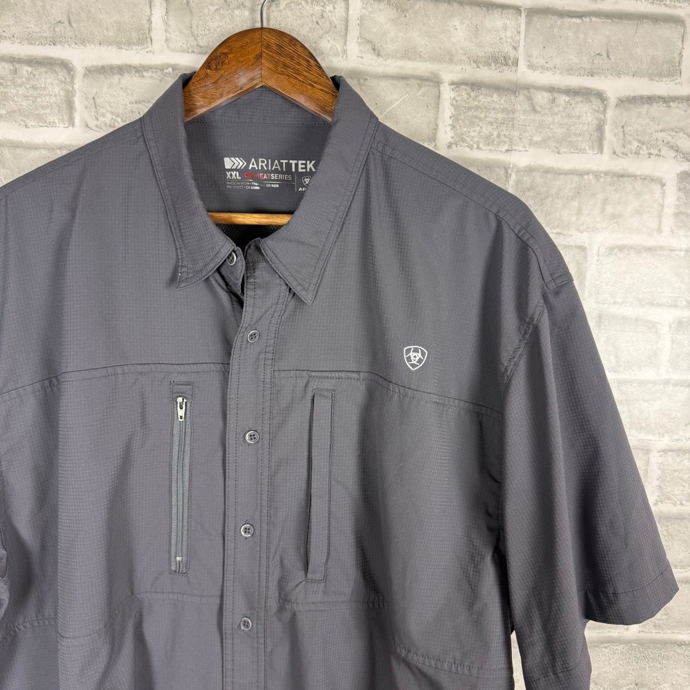 Ariat Mens XXL AriatTEK Heat Series Short Sleeve Fishing Shirt Gray Ripstop